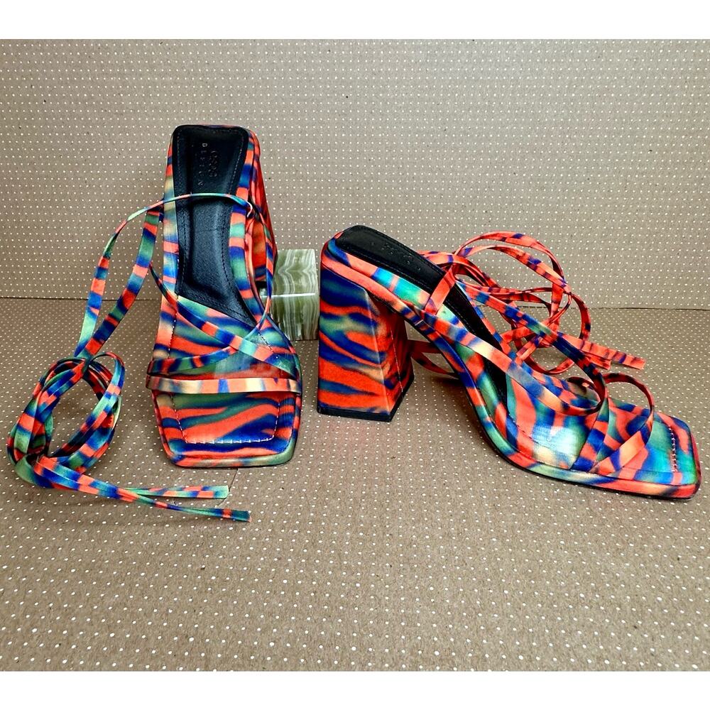 ASOS Design Colorful Orange Blue Heels Strappy Square Toe Tie Up High Heel - Picture 2 of 12